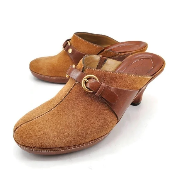 Cole Haan Tan Suede & Brown Leather Gold Buckle Strap Slide-On Mid Heel Mules - Picture 2 of 15